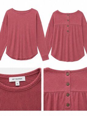 Set The Stage Ribbed Back Button Top – XL – Mauve Pink